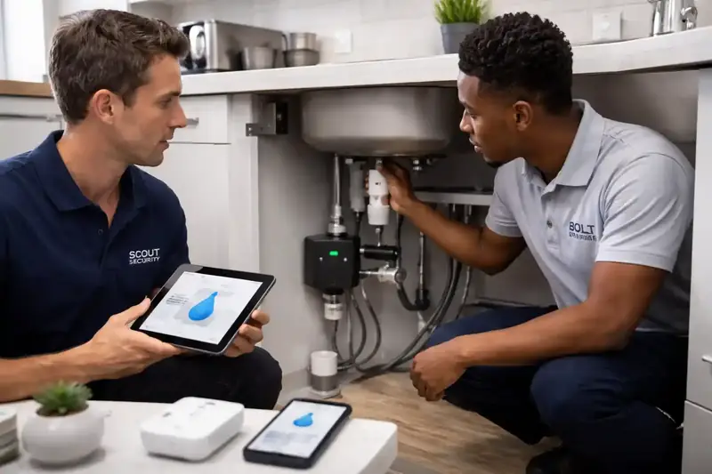 Plombier réparant une fuite sous évier - dégât des eaux déclaration